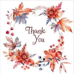 Thank you card in autumn wreath with maple leaves, berries and chrysanthemums on a white background