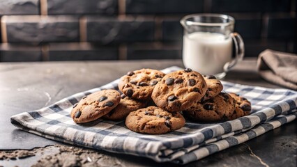 Wall Mural - A plate of freshly baked chocolate chip cookies with a glass of milk.