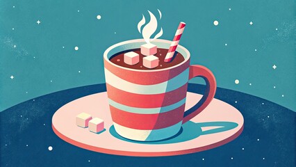 Poster - A cup of hot chocolate with marshmallows and a candy cane.