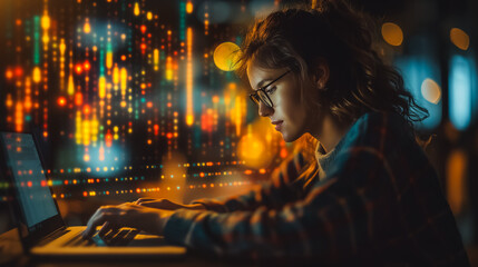 Poster - A woman is typing on a laptop in front of a colorful background. Concept of focus and productivity as the woman works on her computer