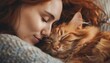 © Anna - Peaceful Moment: Woman Cuddling Adorable Orange Cat in Cozy Setting.