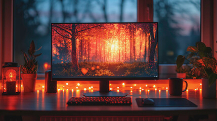 Poster - A computer monitor is on a desk with a forest scene on the screen. The room is dimly lit with candles and a cup of coffee. Scene is cozy and relaxing