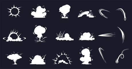 Wall Mural - explosion cartoon comic effects. white clouds of fog, smoke. flash of energetic blow, bomb dynamite 