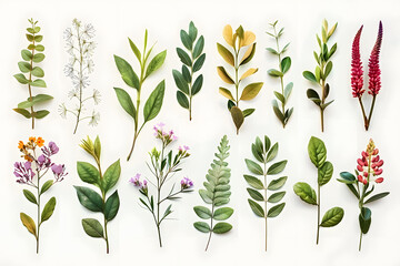 Wall Mural - A collection of botanical illustrations featuring various colorful leaves and flowering plants arranged in an orderly sequence