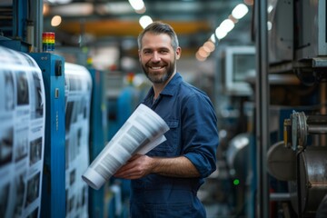 Poster - Smiling industrial worker in blue overalls holding a blueprint in a modern factory setting