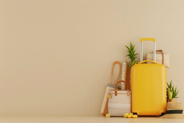 Fototapete - A yellow suitcase is on top of a pile of items, including a pineapple, a handbag