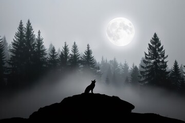 Poster - A lone wolf is standing on a rocky hillside in the woods