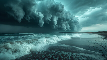 Wall Mural - A dramatic seascape with dark, ominous storm clouds looming over the ocean waves crashing onto a sandy beach. The scene captures the intensity of an approaching storm.