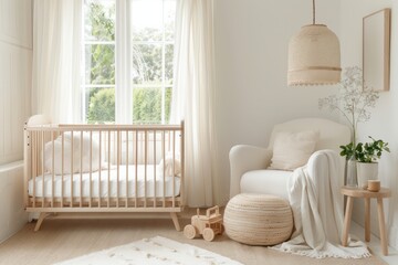 Aufkleber - A nursery room with a crib, a rocking chair, a vase, and a potted plant