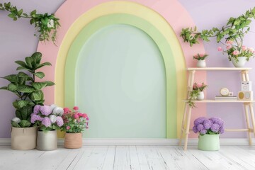 Poster - A colorful room with a rainbow arch and a green wall