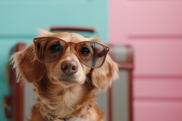 A dog wearing sunglasses and standing in front of a suitcase