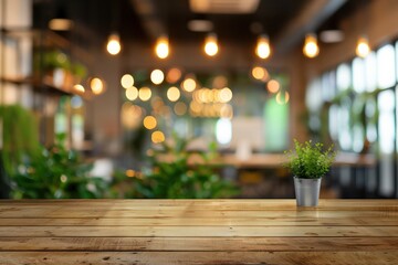 Poster - A potted plant sits on a wooden table in a dimly lit room