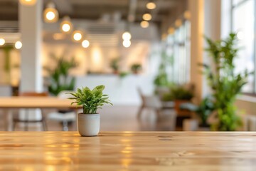 Poster - A potted plant sits on a wooden table in a room with a lot of greenery