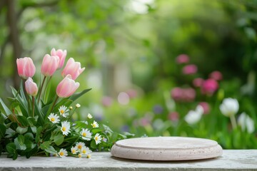 Poster - A flower bed with pink tulips and daisies