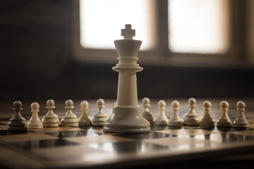 Wall Mural - Chess board game concept of business ideas and competition and strategy ideas concep. Chess figures on a dark background with smoke and fog. Selective focus