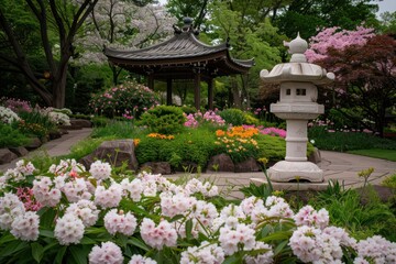 Poster - A garden with a white lantern and pink flowers