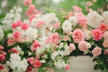 Poster - A bouquet of pink and white flowers is arranged in a white vase