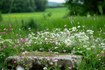 Poster - A stone is surrounded by a field of flowers