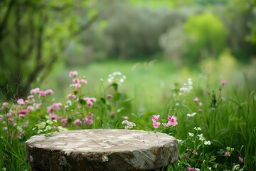 Poster - A stone bench is surrounded by a field of flowers