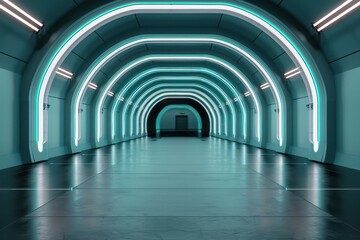 Poster - A long, narrow tunnel with neon lights on the ceiling