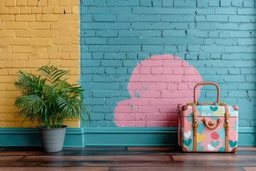 Poster - A suitcase is sitting on a wooden floor next to a plant
