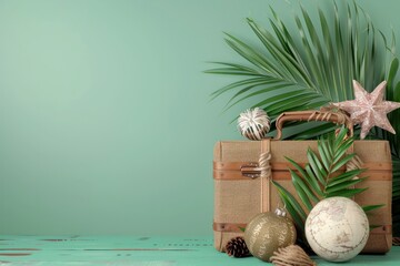 Fototapete - A suitcase is placed on a table with a green background