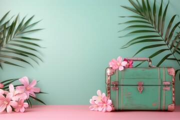 Fototapete - A green suitcase with pink flowers on it sits on a table