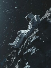 An astronaut sitting on the edge of an asteroid with a space background.