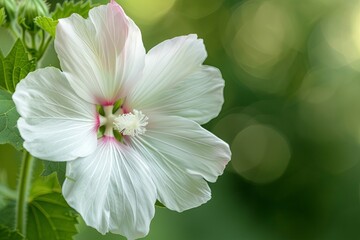 Poster - White mallow flower with pink center, green background