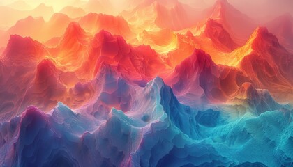 Wall Mural - Abstract 3D terrain with jagged peaks and valleys, bathed in a surreal gradient of colors