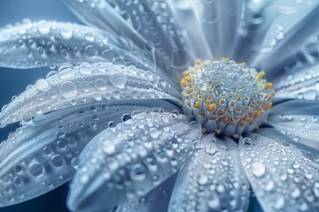 Poster - A close-up photograph of a delicate white daisy covered in morning dew, with soft sunlight filtering through the petals.