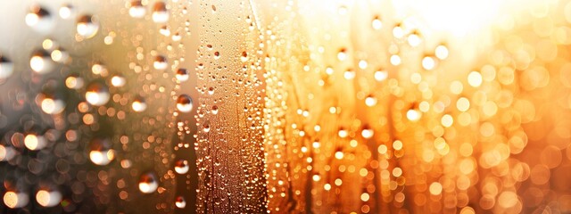 Wall Mural - A close-up photograph of raindrops on a windowpane, with sunlight filtering through and creating patterns of light and shadow.