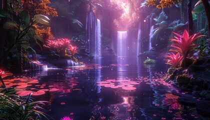Wall Mural - Virtual reality environment with floating islands and neon-colored flora