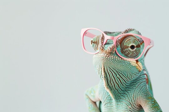 A creative composition featuring a chameleon in chic pink glasses, against a minimalist white background.