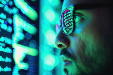 Wall Mural - Close-up of a person with glasses, reflecting code and data on a computer screen. Represents programming, technology, and data analysis.