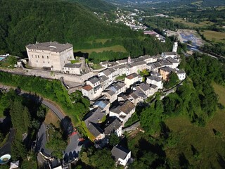 Wall Mural - Aerial view of the small village of Compiano and the castle of Compiano. Compiano, Parma, Italy