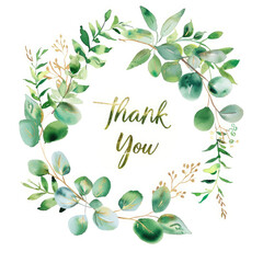 Thank you card in a wreath of lush green leaves with subtle gold accents on a white background