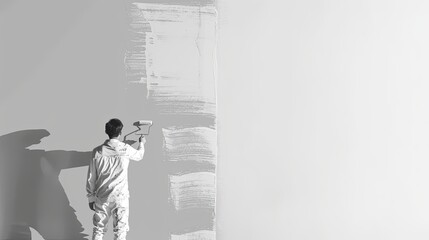 Poster - A worker uses a roller brush to paint a wall white in an apartment during a renovation project. Generative AI