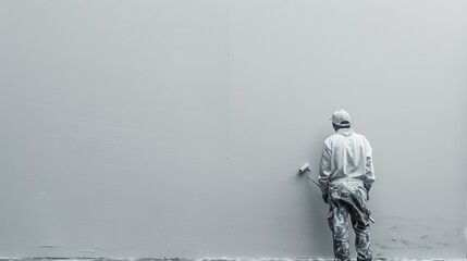 Poster - A worker uses a roller brush to paint a wall white during an apartment renovation. Generative AI