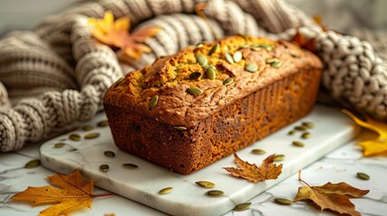 Poster - A loaf of pumpkin bread sits on a marble countertop, its surface studded with pumpkin seeds.