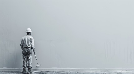 Poster - A worker wearing a white hardhat and painting overalls is painting a white wall with a roller brush. Generative AI