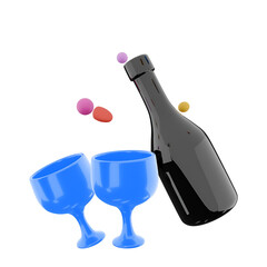 Icon of a wine bottle with two blue glasses and colorful confetti, symbolizing celebration and joy.