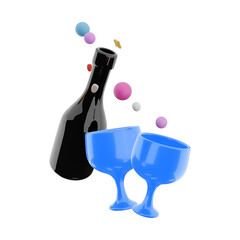 Icon of a wine bottle with two blue glasses and colorful confetti, symbolizing celebration and joy.