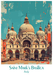 St. Mark’s Basilica in Venice Poster Ilustration Travel Print Decor Gift Paper Canvas Wall Retro Art