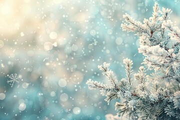 Canvas Print - A pristine evergreen bough adorned with frosty snowflakes in the midst of winter. The setting is ethereal, depicting the purity