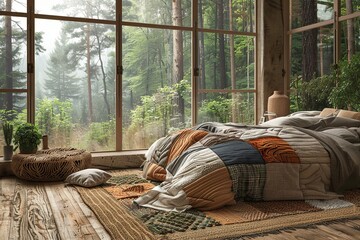 Wall Mural - A rustic bedroom with a panoramic window showing a forest landscape, a comfortable bed with a patchwork quilt