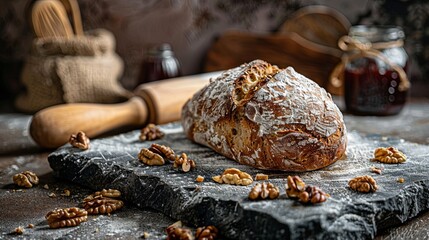 A rustic walnut bread sits on a stone slab, its crust sprinkled with walnuts. The backdrop includes a cozy kitchen scene