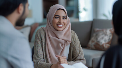 Wall Mural - Hijabi woman having conversation with client