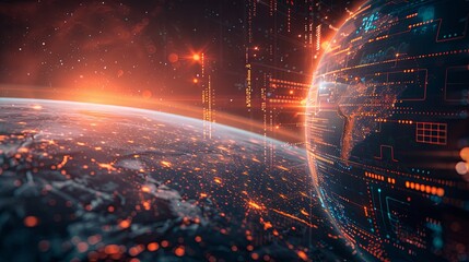 Image of computer language, graphs, texts and lens flare against rotating globe