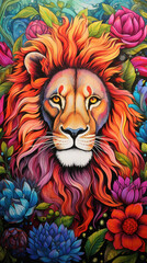 Wall Mural - Bright colorful portrait of a wild lion.